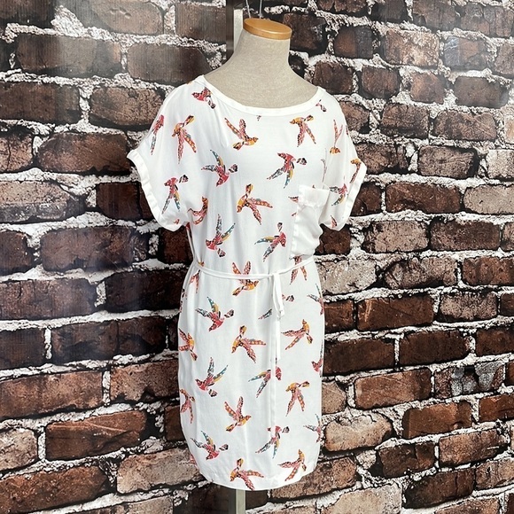 Zara Basic Dress Short Sleeve Knee Length White Orange Bird Print X Small XS - Picture 7 of 16